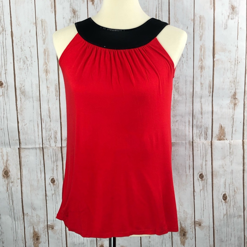 Express Red Black Sequin Satin Collar Shirt Top